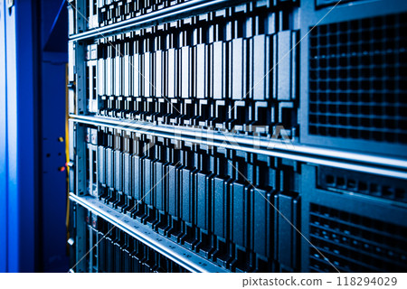 cluster of data storage SSD hard drives inside server rack 118294029