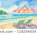 Watercolor painting of a beach and parasol 118294434