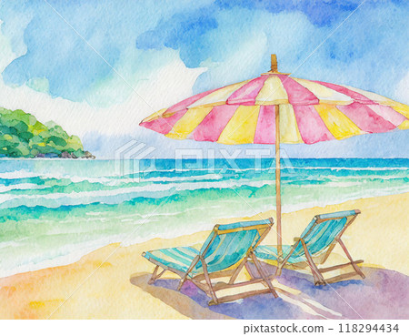 Watercolor painting of a beach and parasol Watercolor painting of a beach and parasol 118294434