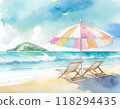 Watercolor painting of a beach and parasol 118294435
