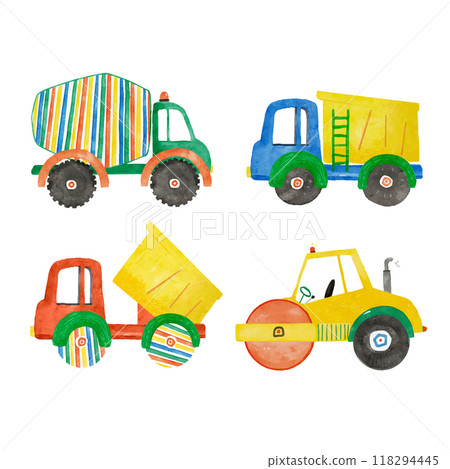 Beautiful vector childish set with hand drawn watercolor kid toys illustrations. Construction equipment concrete mixer dump truck excavator tractor clip art. 118294445