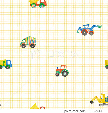 Beautiful vector childish seamless pattern with hand drawn watercolor kid toys illustrations. Construction equipment concrete mixer dump truck excavator tractor. 118294450