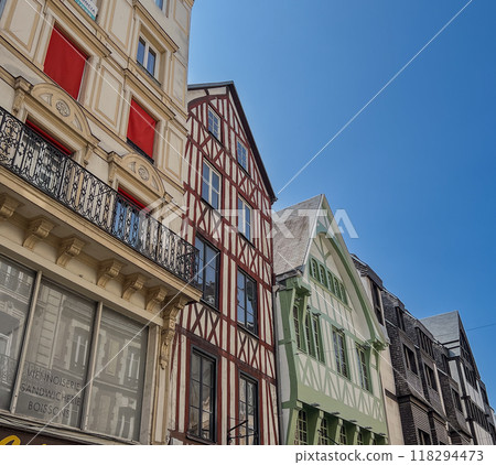 Street with timber framing houses in Rouen, Normandy, France Street with timber framing houses in Rouen, Normandy, France 118294473