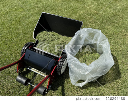 Grass cut with a manual lawnmower Grass cut with a manual lawnmower 118294488