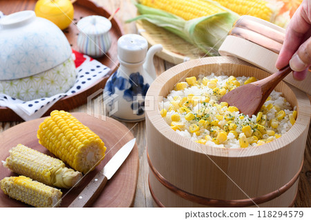 Corn rice in a rice cooker 118294579