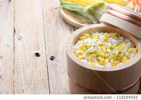 Corn rice in a rice cooker 118294593