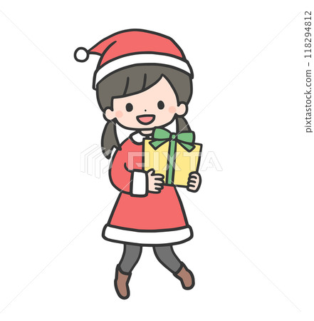 穿著聖誕老人服裝的女孩帶著禮物跳躍 穿著聖誕老人服裝的女孩帶著禮物跳躍 118294812