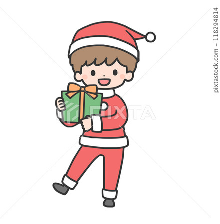 穿著聖誕老人服裝的男孩帶著禮物跳躍 118294814