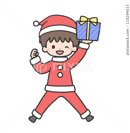 穿著聖誕老人服裝的男孩帶著禮物跳躍 118294815