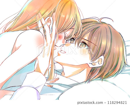 Male and female couple playing in bed, smiling, gazing, holding hands 118294821