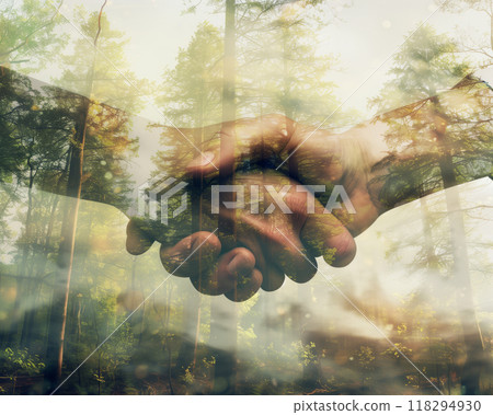 Double exposure of a handshake and forest, symbolizing teamwork, partnership, and harmony with nature. Perfect for business and environmental concepts. 118294930