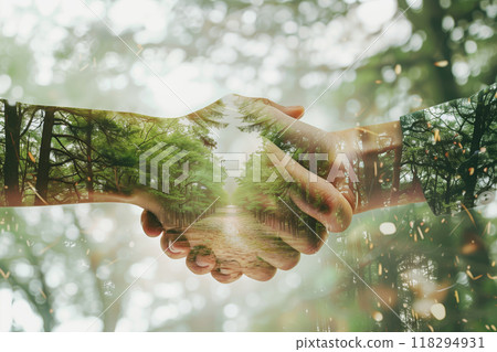 Double exposure of a handshake and lush green forest, symbolizing environmental cooperation, sustainability, and eco-friendly partnerships. 118294931