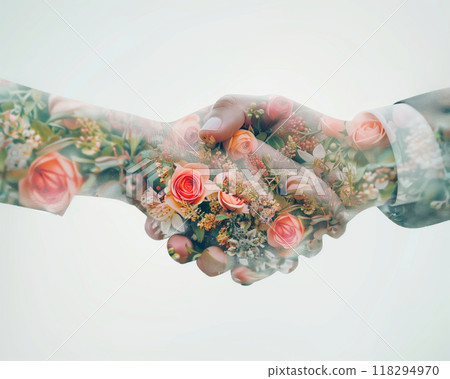 Double exposure of two people shaking hands overlaid with flowers, symbolizing partnership, connection, and harmony in business or relationships. Double exposure of two people shaking hands overlaid with flowers, symbolizing partnership, connection, and harmony in business or relationships. 118294970