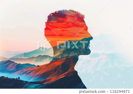 Double exposure portrait blending a silhouette of a man's profile with a vibrant landscape, creating a captivating and imaginative visual effect. Double exposure portrait blending a silhouette of a man's profile with a vibrant landscape, creating a captivating and imaginative visual effect. 118294971
