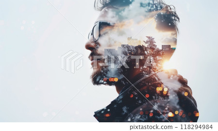Double exposure portrait of a man with an urban cityscape and nature elements, symbolizing a blend of modernity and nature. 118294984
