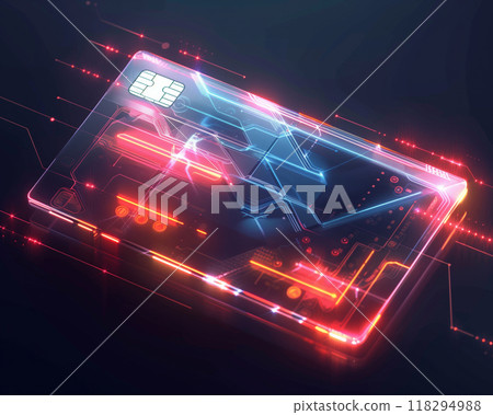 Futuristic transparent digital credit card concept with glowing holographic display on dark background, representing advanced technology. 118294988