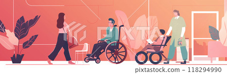 Illustration of a healthcare setting showing people in wheelchairs and a healthcare worker on a pink background with plants. 118294990