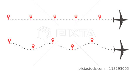 Plane timeine trail dashed line with pin. Infographic destination work process template. Airplane icons, roadmap infographic and travel path routes with location 118295003