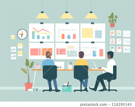 Team analyzing data and business charts in modern office. Multiple screens show various graphs and statistics. Office setting with plants and decor. 118295143