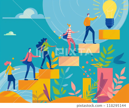 Teamwork and innovation concept illustration. People climbing steps towards a glowing lightbulb, symbolizing ideas and creativity. 118295144
