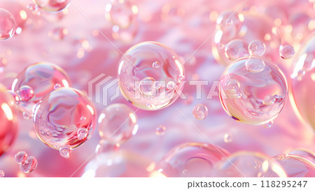 Colorful soap bubbles float against a soft pink background, creating a dreamy, ethereal atmosphere perfect for backgrounds and design elements. 118295247