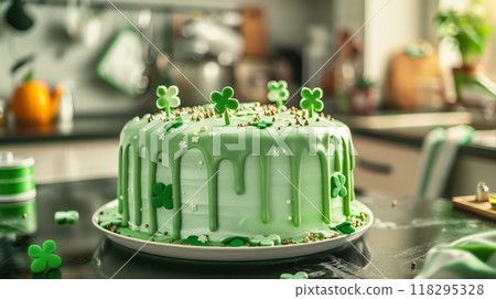 Festive green cake decorated with clovers, perfect for St. Patrick's Day celebrations in a cozy kitchen setting. Festive green cake decorated with clovers, perfect for St. Patrick's Day celebrations in a cozy kitchen setting. 118295328
