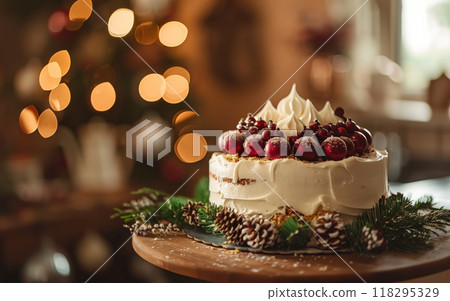 Festive holiday cake with whipped cream, cherries, and pinecones, perfect for Christmas celebrations, warm ambiance and bokeh lights. Festive holiday cake with whipped cream, cherries, and pinecones, perfect for Christmas celebrations, warm ambiance and bokeh lights. 118295329