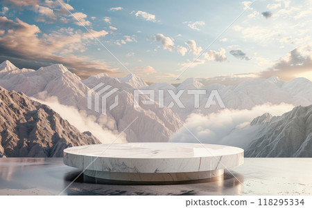 Marble podium with mountains and clouds in the background, ideal for product display or promotional purposes. 118295334