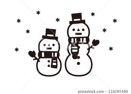 可愛的兩個雪人線描剪貼畫，黑白雪人插畫素材集 118295390
