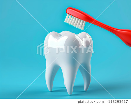 A realistic model of a human tooth with a red toothbrush on a blue background, representing dental hygiene and health care. 118295417