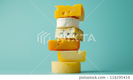 A vertical stack of different types of cheese against a turquoise background, showcasing a variety of textures and colors. A vertical stack of different types of cheese against a turquoise background, showcasing a variety of textures and colors. 118295419