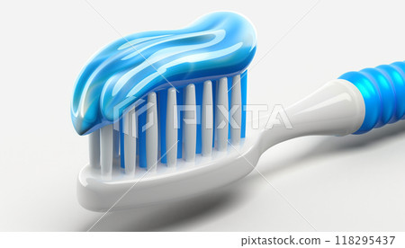 Close-up of a toothbrush with blue toothpaste, showcasing dental hygiene and oral care essentials on a white background. 118295437