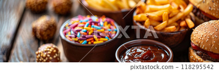 Assorted fast food items including burgers, fries, dipping sauces, and a bowl of colorful sprinkles on a rustic wooden table. 118295542