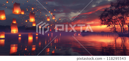 Beautiful sunset over a calm lake with glowing lanterns floating in the sky, creating a serene and magical ambiance. Beautiful sunset over a calm lake with glowing lanterns floating in the sky, creating a serene and magical ambiance. 118295543