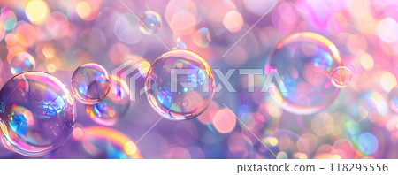 Colorful bubbles floating in a dreamy, pastel-colored abstract background with bokeh effects creating a whimsical and magical atmosphere. 118295556