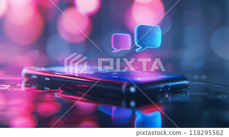 A modern smartphone displaying glowing speech bubbles, symbolizing digital communication and technology against a blurred, colorful background. 118295562