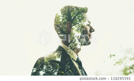 Double exposure of a businessman and nature, symbolizing the blend of corporate life with environmental mindfulness and sustainability. 118295591