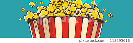 Illustration of a bucket of popcorn with a striped red and white pattern against a blue background. Ideal for cinema and snack themes. 118295616