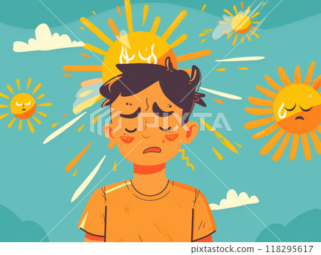 Illustration of a person suffering from heat under the sun with animated sun characters indicating discomfort in a hot summer day. 118295617