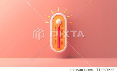 Modern 3D illustration of a thermometer on pink background, showing high temperature with a glowing effect. Perfect for health or weather concepts. 118295622