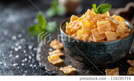 Delicious crunchy cereal in a black bowl with a sprig of mint, photographed on a dark rustic background, perfect for breakfast themes. 118295759