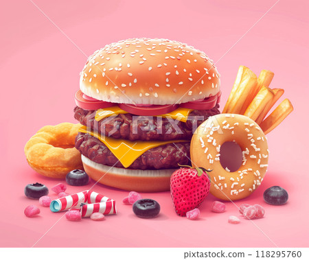 Delicious fast food assortment with burger, fries, donuts, and sweets on pink background. Perfect for food-related designs and advertisements. Delicious fast food assortment with burger, fries, donuts, and sweets on pink background. Perfect for food-related designs and advertisements. 118295760