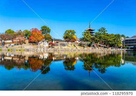 【奈良縣】猿澤池和興福寺，藍天清爽 118295970