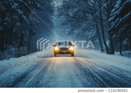 Car running on the snow road 118296091