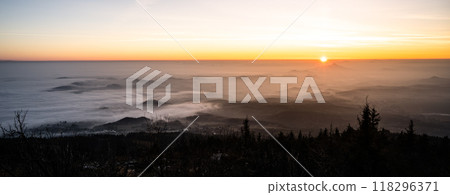 Hazy landscape at sunset time. View from Jested Mountain, Liberec, Czech Republic 118296371