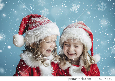 AI-generated item. Two cute little girls in Santa Claus clothes on blue background with snowflakes. 118296459