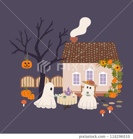 Halloween countryside ghosts vector illustration. Cute ghosts drinking tea, autumn cottage, pumpkins, spooky tree, toadstool mushrooms on purple background. Spooky night celebration scene for cards Halloween countryside ghosts vector illustration. Cute ghosts drinking tea, autumn cottage, pumpkins, spooky tree, toadstool mushrooms on purple background. Spooky night celebration scene for cards 118296810