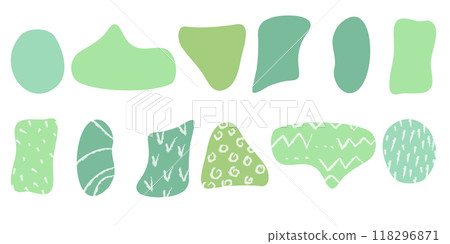 Set of organic irregular green blob shapes with hand drawn crayon textures Random deform spot fluid circle Isolated on white background. Retro amoeba charcoal doodle drops elements Vector illustration 118296871