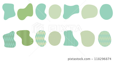 Set of organic irregular green blob shapes with chevron textures Random deform spot fluid circle Isolated on white background. Organic amoeba doodle drop Retro vector elements. Vector illustration Set of organic irregular green blob shapes with chevron textures Random deform spot fluid circle Isolated on white background. Organic amoeba doodle drop Retro vector elements. Vector illustration 118296874