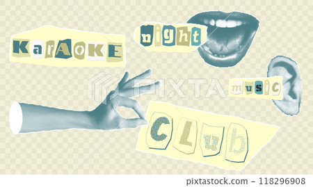 Karaoke music collage elements with halftone stickers hands lips and inscriptions Cut out from newspapers, magazines, torn paper Good idea for banner, flayer, poster design Vector illustration Karaoke music collage elements with halftone stickers hands lips and inscriptions Cut out from newspapers, magazines, torn paper Good idea for banner, flayer, poster design Vector illustration 118296908